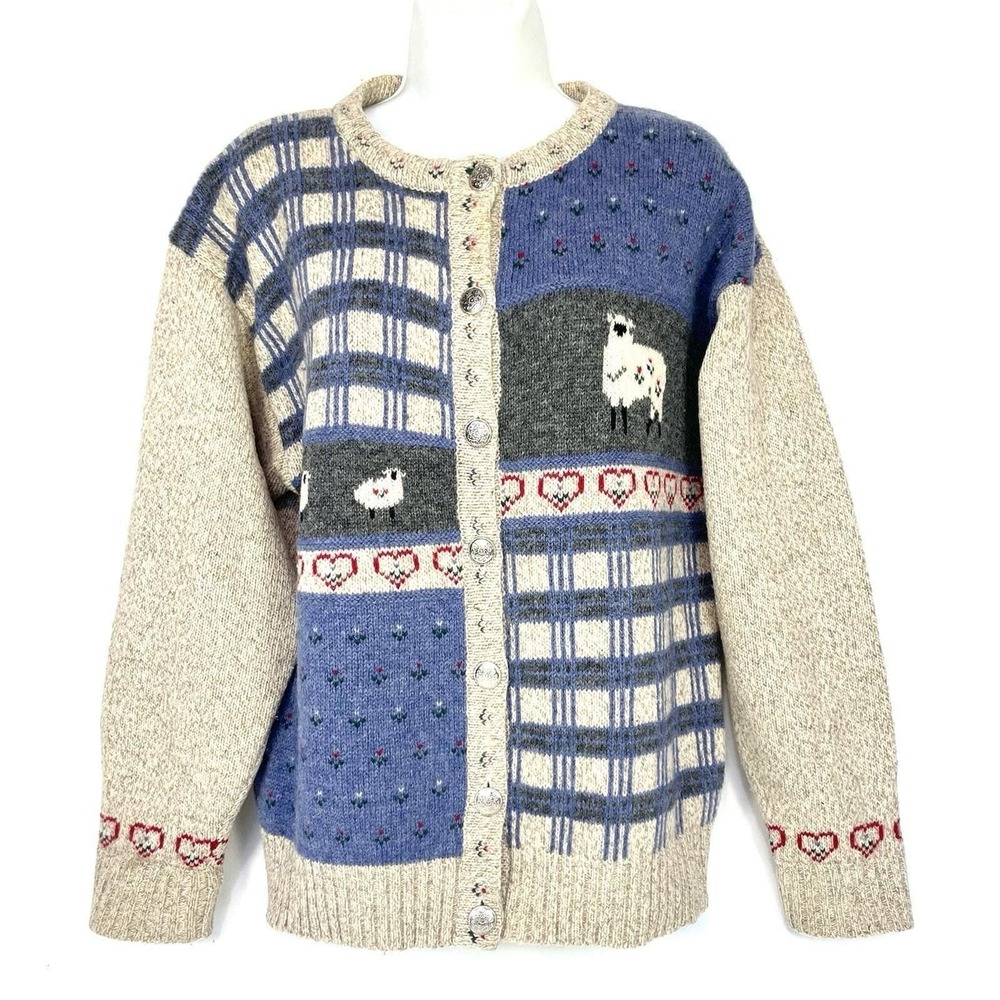 Vintage Eddie Bauer Sheep Patchwork Wool Cardigan Sweater Women's M - Picture 2 of 12
